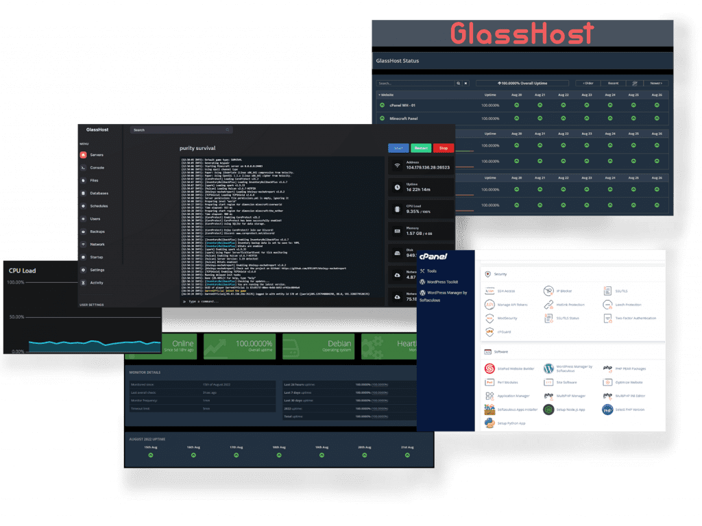 All of the GlassHost Panels for gaming, webhosting, analytics and more.
